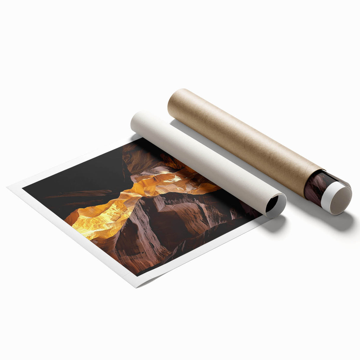 Stunning rolled print showcasing a vibrant landscape of caves in earthy tones, expertly crafted for wall decor, securely packaged in a protective tube.