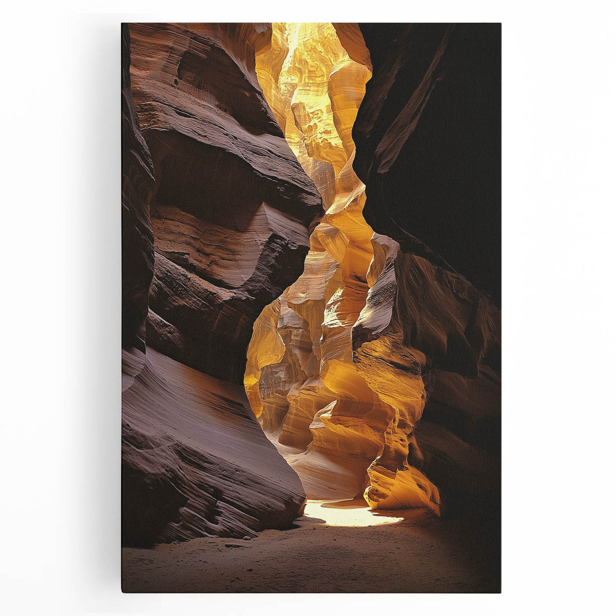 Stretched canvas artwork depicting a serene landscape with caves, showcasing earthy tones and intricate details, perfect for home decor or office ambiance.