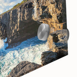 Close-up view of a vibrant acrylic landscape painting depicting dramatic cliffs in rich colors, showcasing intricate details and textures for a striking visual impact. Ideal for art enthusiasts seeking unique home decor.