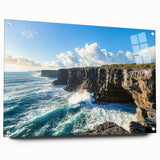 Acrylic glass artwork showcasing a stunning side view of colorful cliffs, mounted with pins for secure display, perfect for enhancing contemporary home decor.