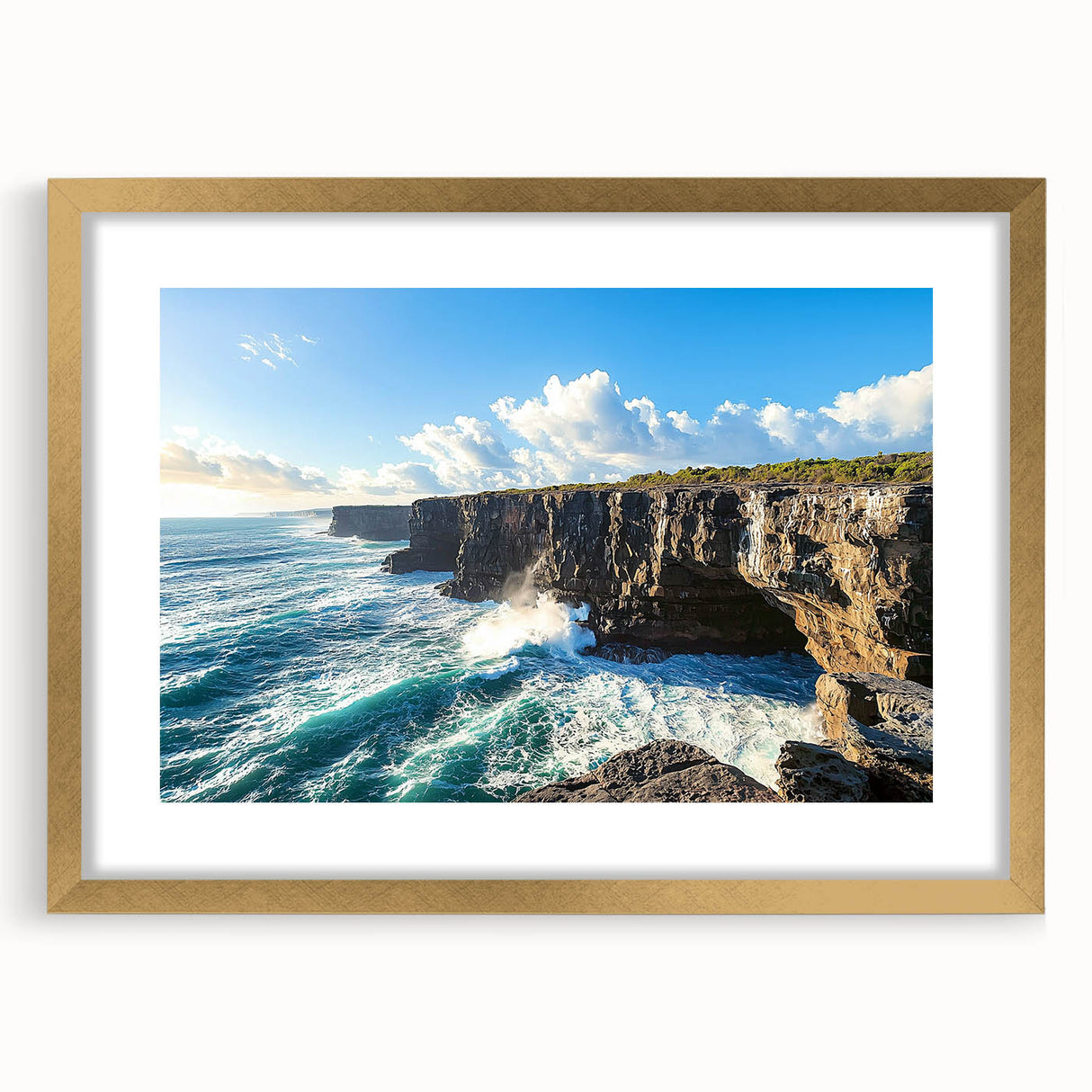 Framed landscape artwork showcasing dramatic cliffs with a gold matting, designed to enhance interior decor. Perfect for adding elegance to living spaces.