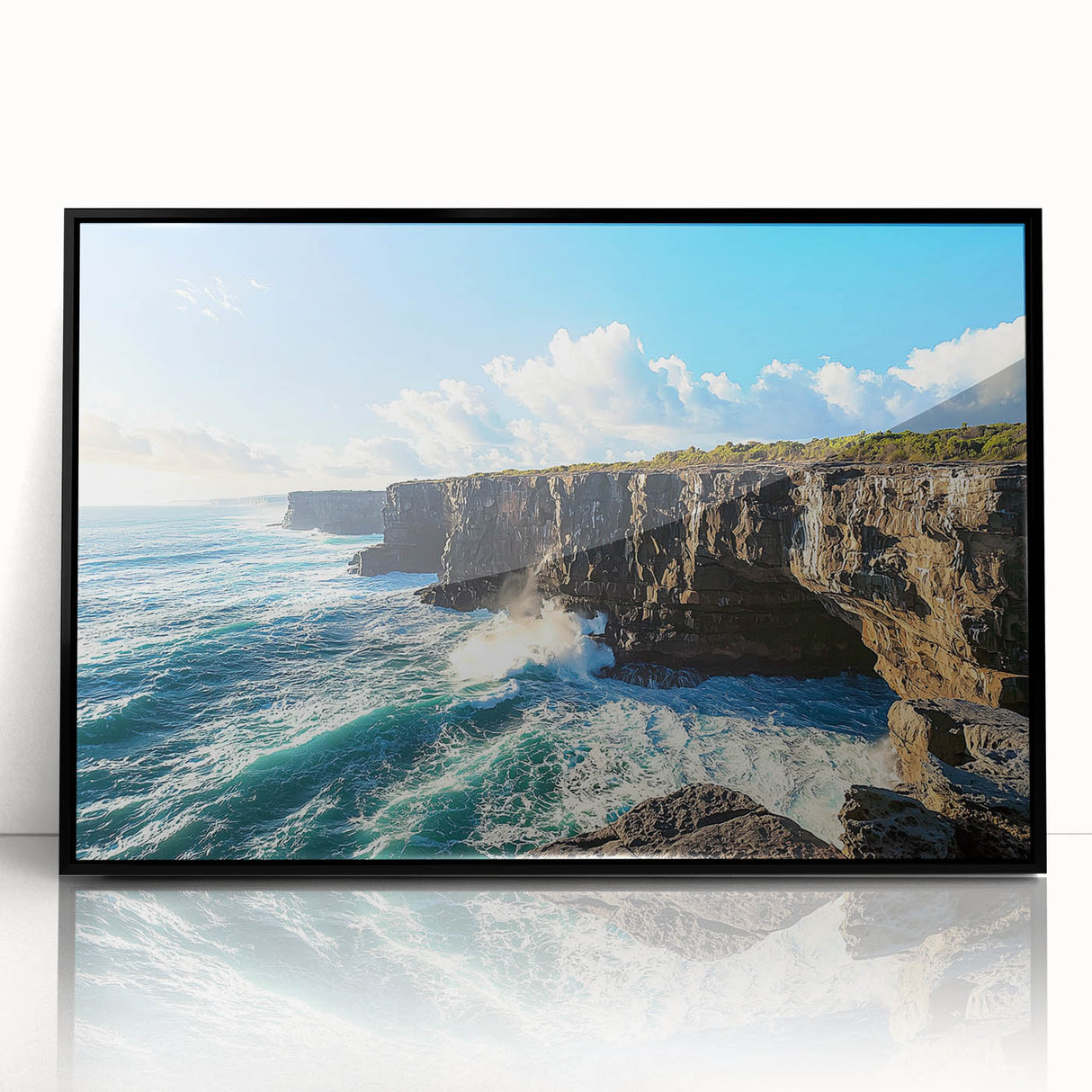 Framed acrylic artwork depicting a stunning landscape of cliffs against a vibrant sky, featuring a sleek black frame that enhances the overall aesthetic. Perfect for modern home decor.