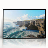 Framed acrylic artwork depicting a stunning landscape of cliffs against a vibrant sky, featuring a sleek black frame that enhances the overall aesthetic. Perfect for modern home decor.