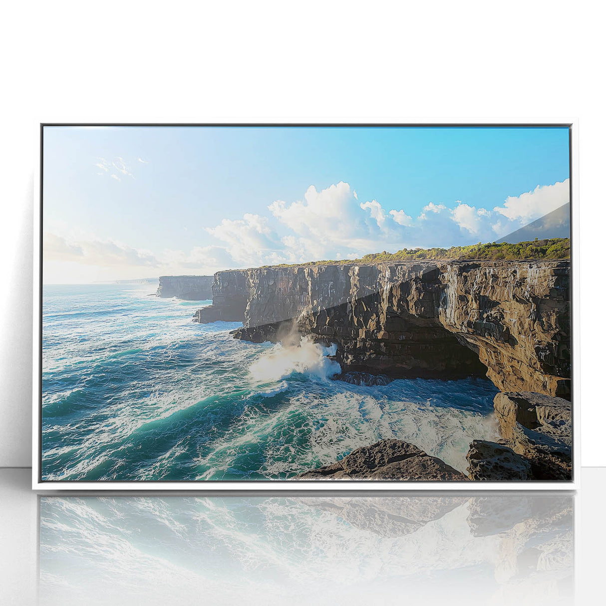 Framed acrylic artwork depicting a breathtaking landscape of cliffs against a vibrant sky, showcasing rich colors and intricate details, perfect for modern decor.