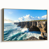 Framed canvas artwork depicting a dramatic cliff landscape with vibrant colors and textures, featuring a gold side frame that enhances its elegance. Ideal for modern home decor.