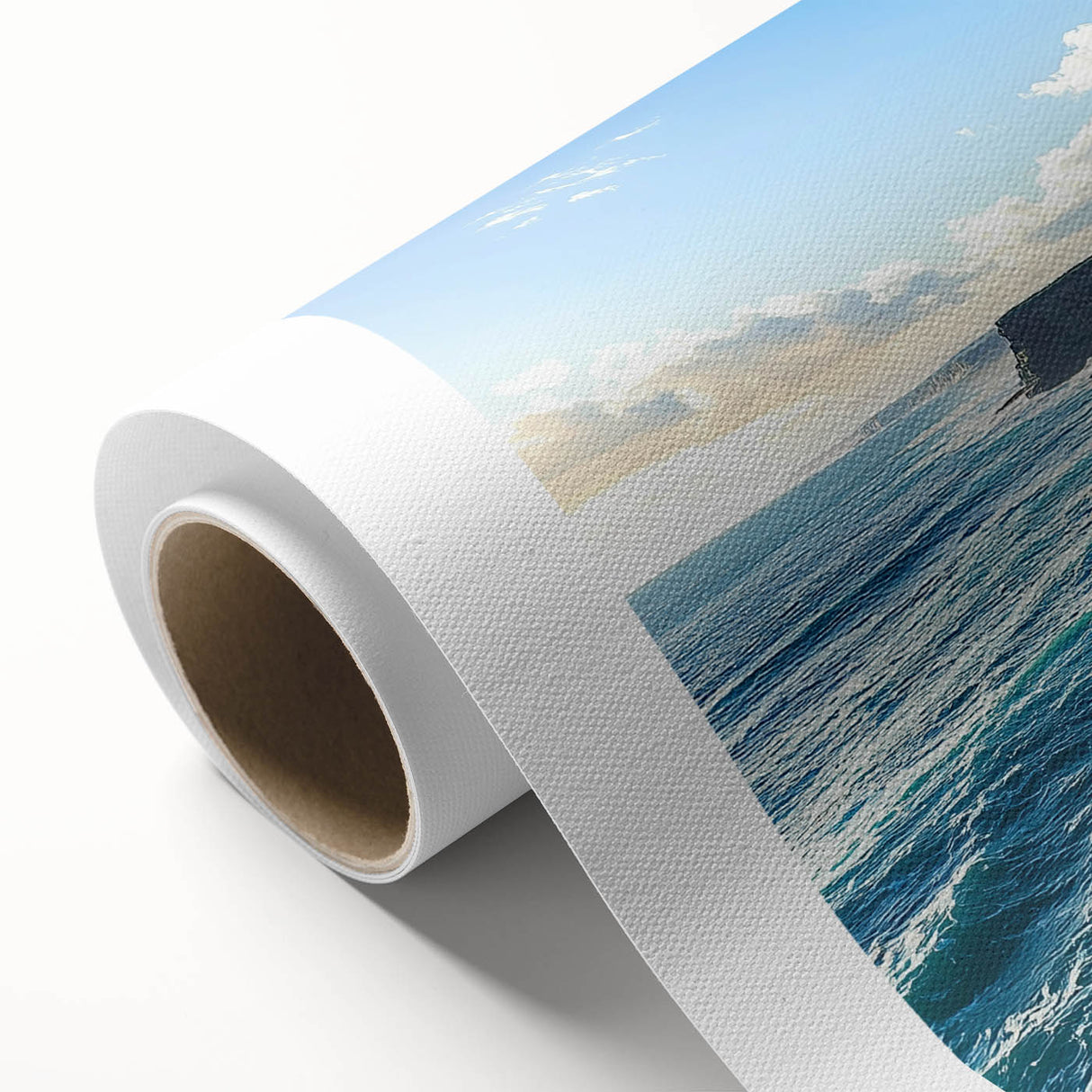 Vibrant rolled canvas artwork depicting dramatic cliffs and landscapes, showcasing rich colors and textures, ideal for home decor or art collectors.