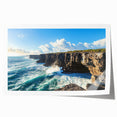 Vibrant landscape art print depicting dramatic cliffs and serene skies, rolled and securely packaged in a durable tube, ideal for home decor enhancement.