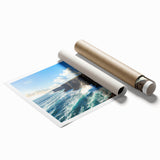 Vibrant rolled print depicting a stunning landscape of cliffs at sunset, showcasing rich colors and intricate details, perfect for home décor enhancement.