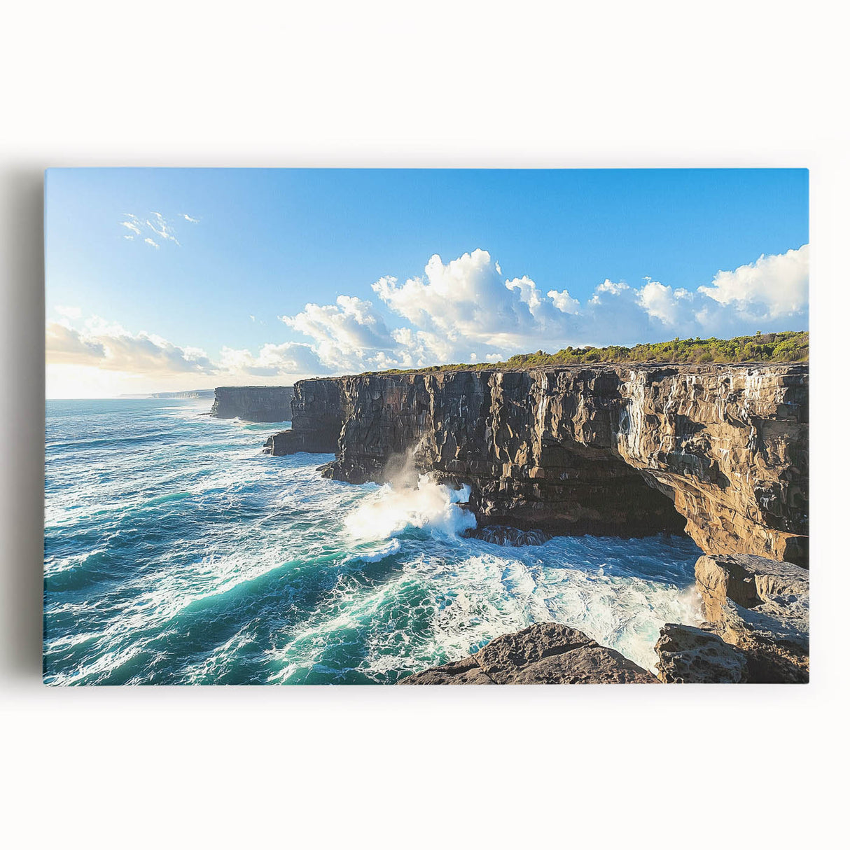 Stretched canvas artwork depicting a dramatic cliff landscape in vibrant colors, showcasing intricate details and textures, ideal for enhancing home decor.