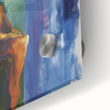 Abstract figurative acrylic painting displayed on glass, showcasing vibrant colors and intricate details, perfect for modern home decor or art enthusiasts.