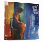 Abstract figurative acrylic art piece displayed in a glass frame, showcasing intricate details and vibrant colors, complemented by decorative pins. Perfect for modern home decor.