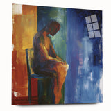 Abstract figurative acrylic artwork displayed in a side view, showcasing vibrant colors and intricate designs on a glass surface, ideal for modern decor.