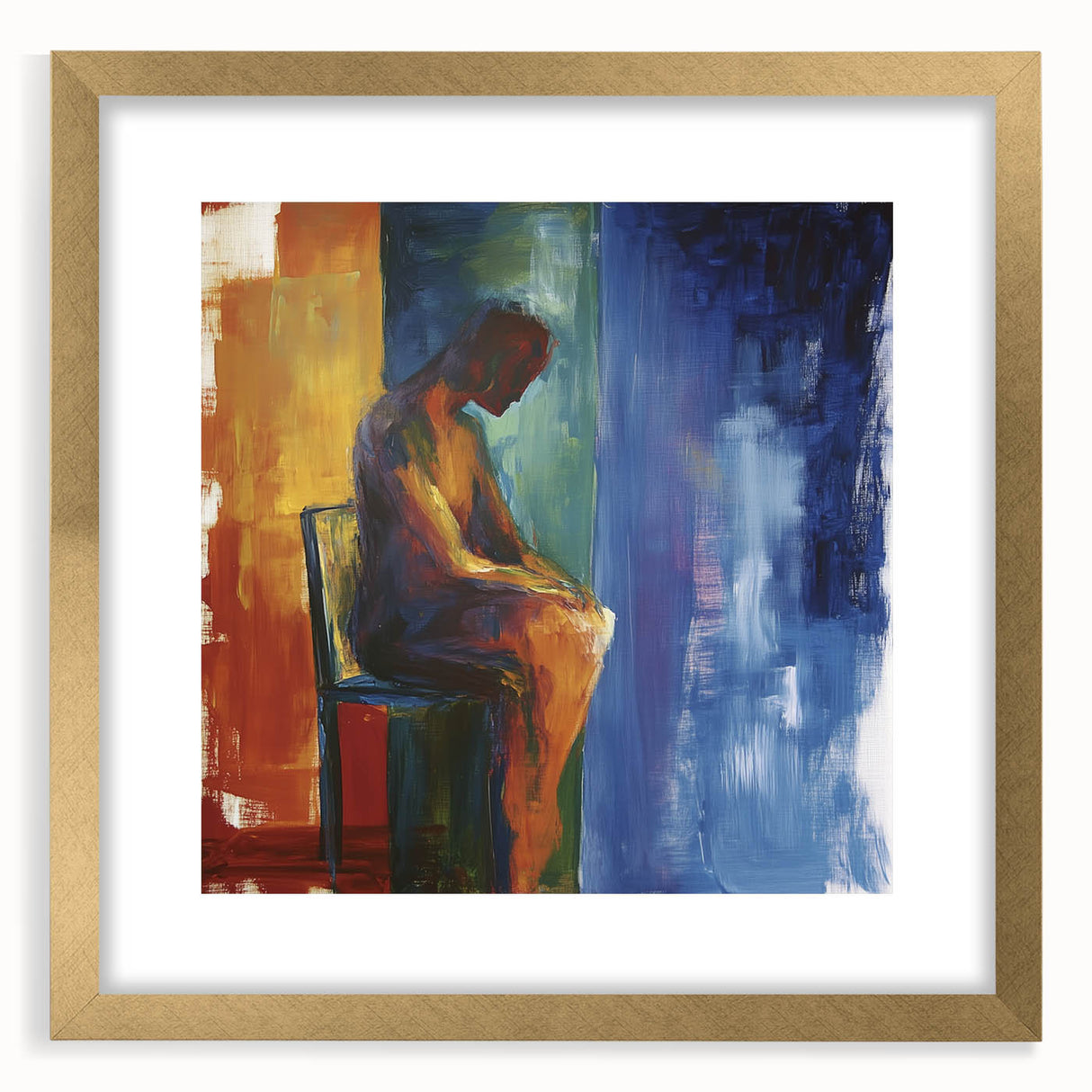 Abstract figurative frame featuring a gold mat, showcasing an artistic design that combines modern and classic elements, ideal for enhancing interior decor.