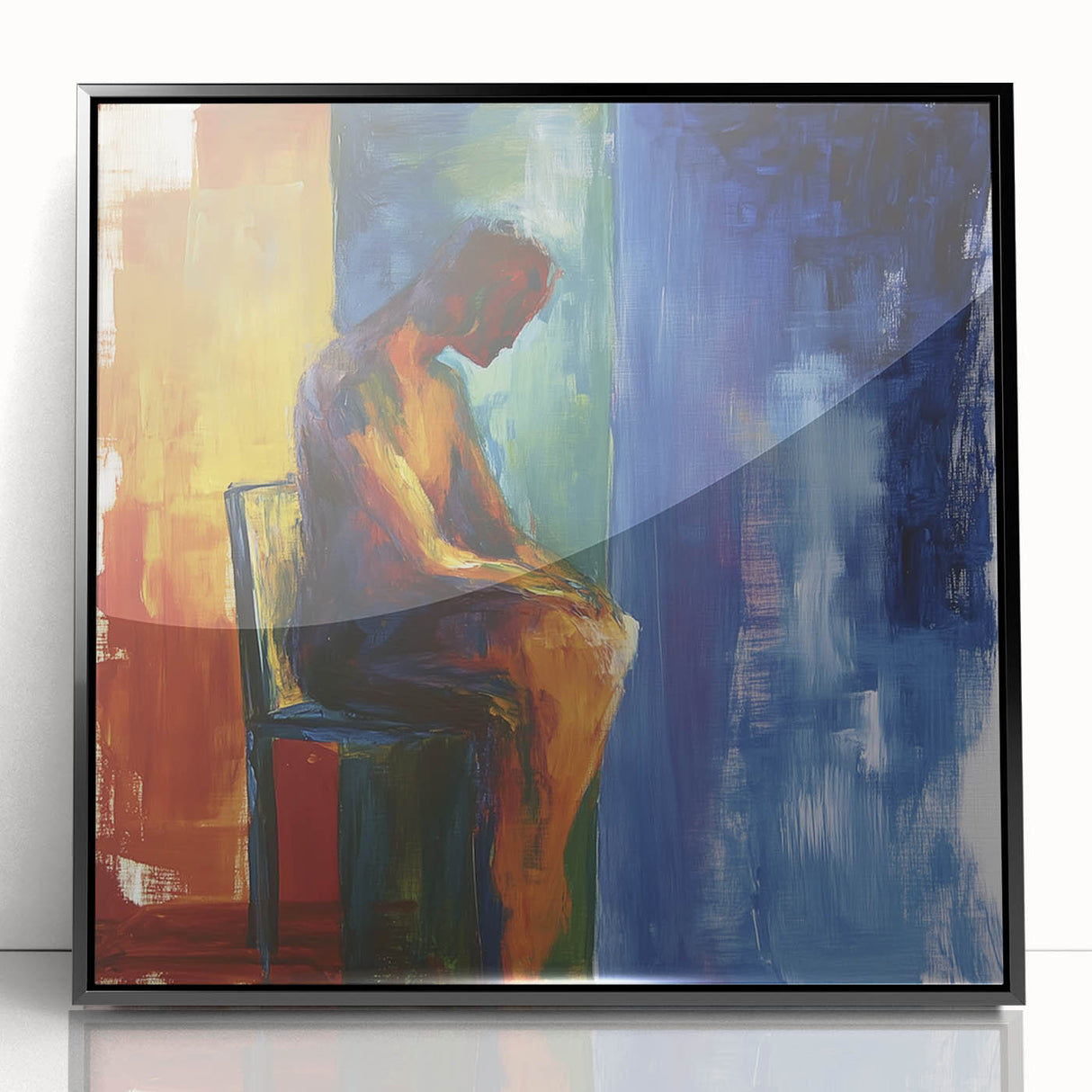 Abstract figurative art piece in a sleek black frame, showcasing vibrant colors and dynamic shapes, ideal for modern home decor or office settings.