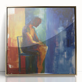 Abstract figurative artwork in a gold-accented frame, showcasing vibrant colors and dynamic shapes, perfect for modern home decor and art enthusiasts.