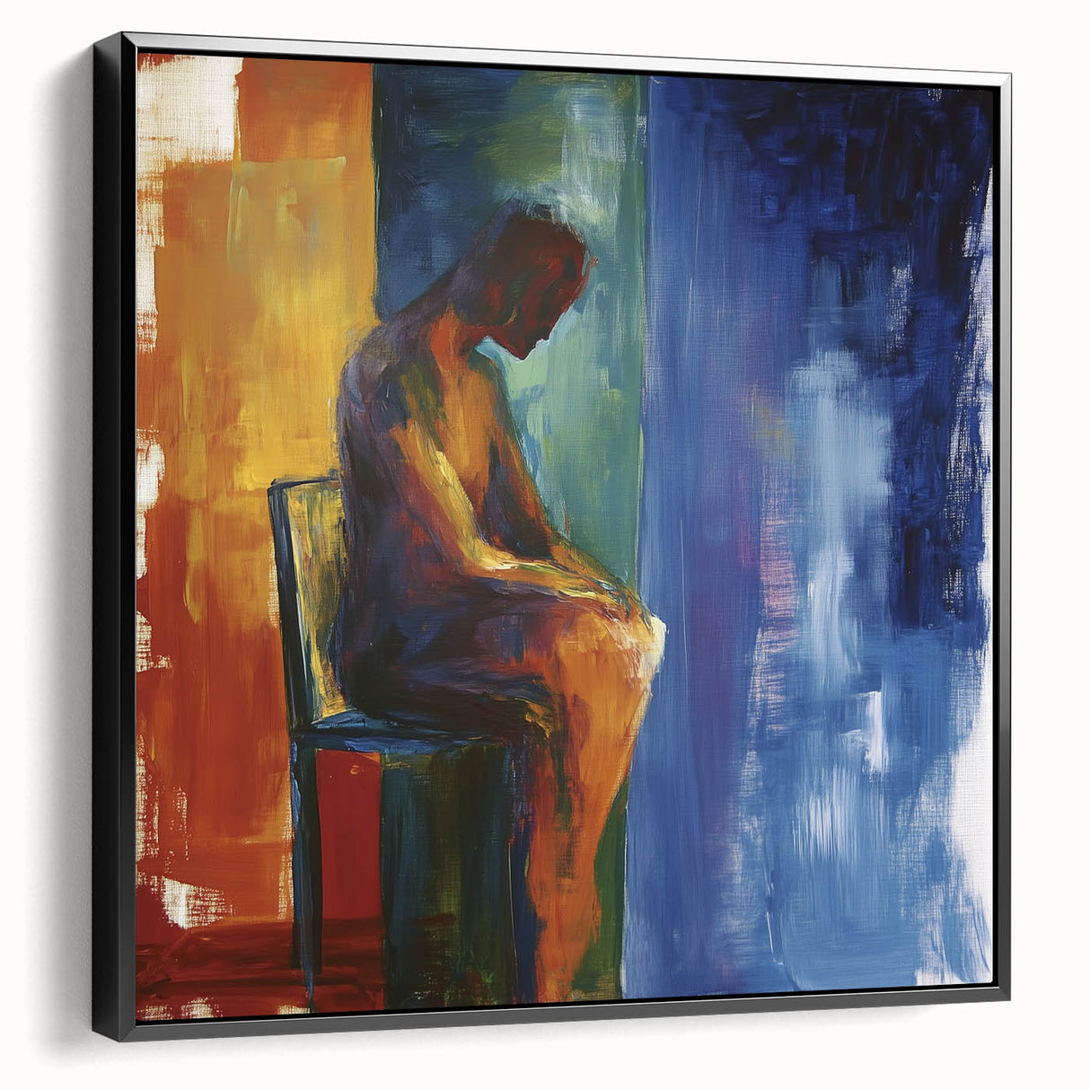 Abstract figurative framed canvas artwork showcasing dynamic shapes in black tones, perfect for modern home decor. Side view highlights the frame's sleek design.