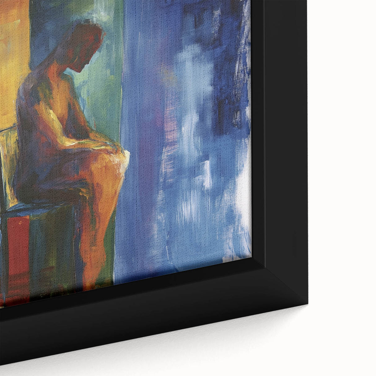 Close-up view of a vibrant, abstract figurative framed canvas artwork showcasing bold colors and intricate designs, perfect for modern home decor and artistic expression.