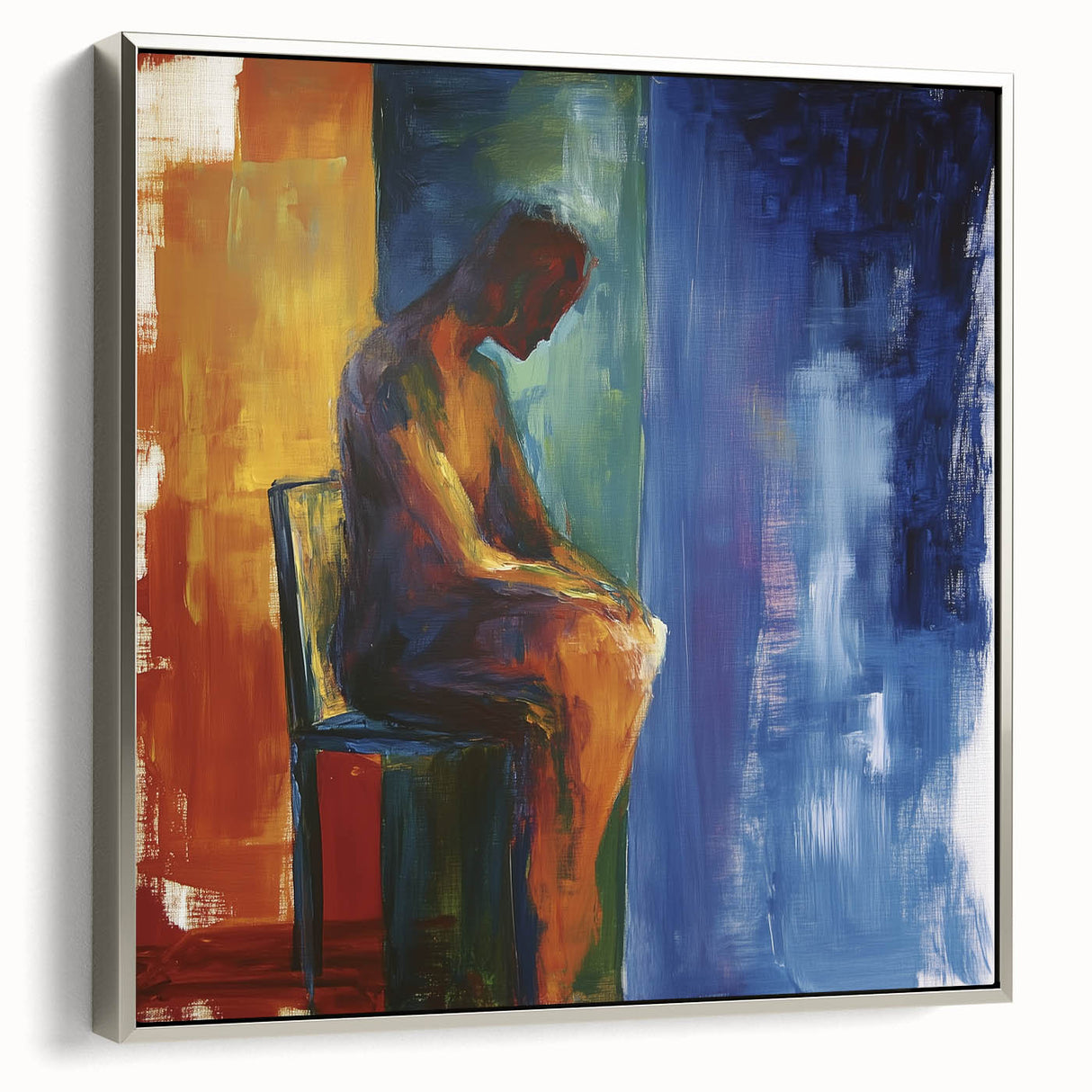 Abstract figurative framed canvas artwork in silver frame, showcasing dynamic shapes and fluid lines, perfect for modern interior decor.