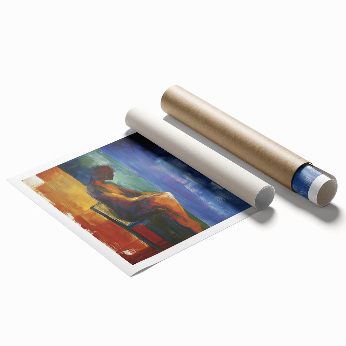 Abstract figurative art print showcasing vibrant colors and dynamic shapes, rolled and packaged in a protective tube for easy transport and display.