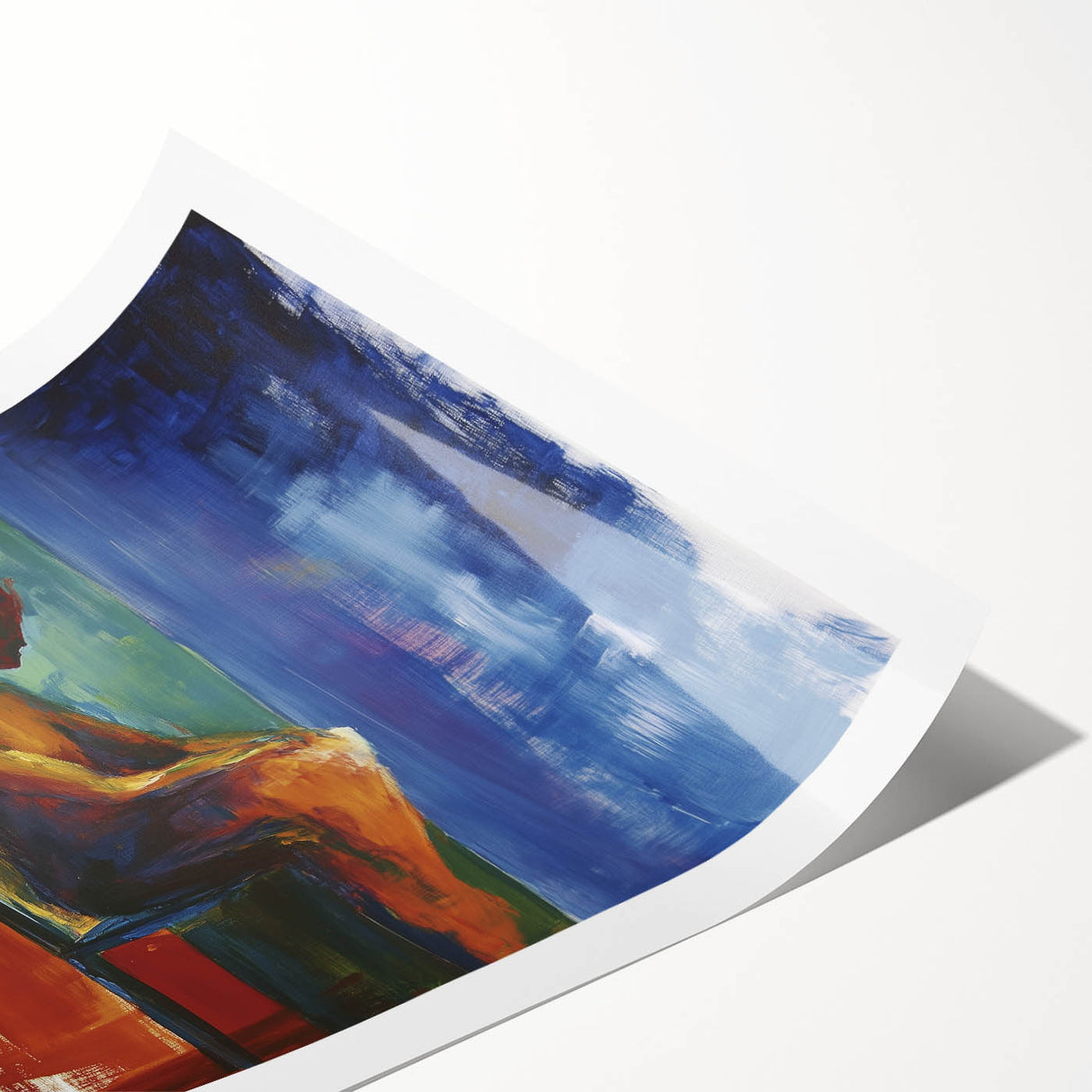 Abstract figurative art print showcasing vibrant colors and dynamic shapes, elegantly rolled and ready for display, ideal for modern home decor.