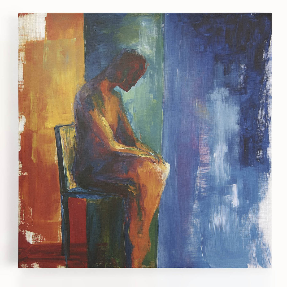 Abstract figurative stretched canvas artwork showcasing vibrant colors and dynamic shapes, perfect for modern home decor. Ideal for adding a contemporary touch to any living space.