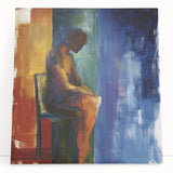 Abstract figurative stretched canvas art piece showcasing vibrant colors and dynamic shapes, leaning against a neutral wall, ideal for modern home decor.