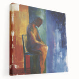 Abstract figurative stretched canvas artwork showcasing vibrant colors and fluid shapes, displayed in a side view that highlights its texture and depth, perfect for modern home decor.