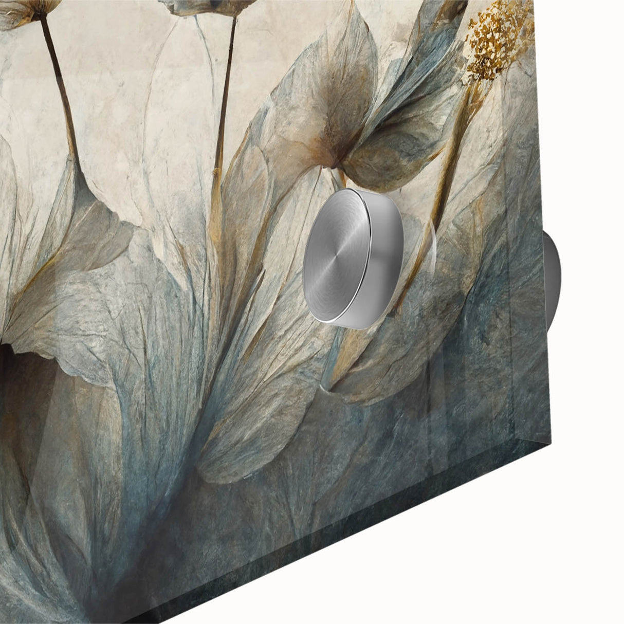 Close-up of vibrant abstract floral wall art design printed on acrylic glass, showcasing intricate details and vivid colors with a modern aesthetic.