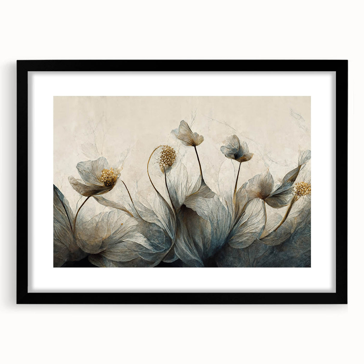 Abstract floral wall art framed in sleek black with a mat, showcasing vibrant colors and intricate designs, perfect for modern home decor. Ideal for enhancing living spaces.