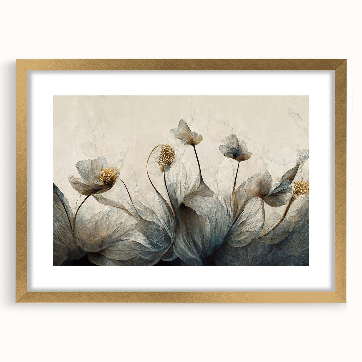 Abstract floral wall art in a gold frame with a mat, showcasing vibrant colors and intricate designs, perfect for modern home decor and interior styling.