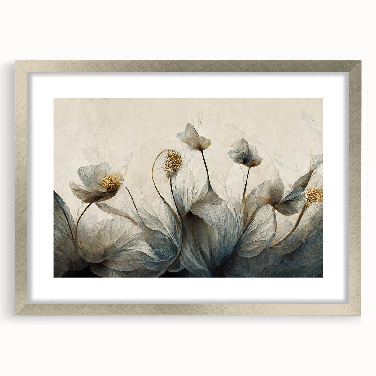 Abstract floral wall art framed in silver with a mat, showcasing vibrant colors and intricate designs, ideal for modern home decor and aesthetics.