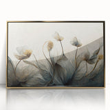 Framed abstract floral wall art featuring vibrant colors and intricate designs, accented with a sleek gold frame, ideal for modern home decor and interior design.