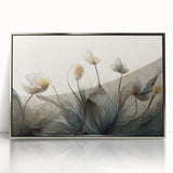 Framed abstract floral wall art featuring vibrant colors and intricate designs, set in a sleek silver frame, perfect for modern home decor accents.