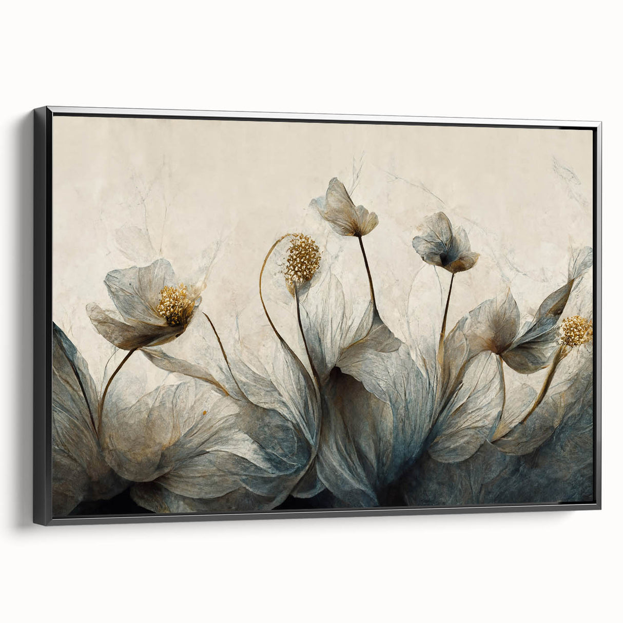 Framed canvas wall art displaying an abstract floral design in vibrant colors, set against a sleek black frame, showcasing a side view with intricate detailing and artistic flair, ideal for modern home decor.