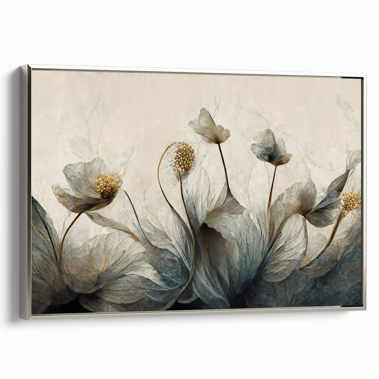 Framed abstract floral wall art on a silver background, showcasing vibrant colors and intricate details, perfect for modern interior decor.