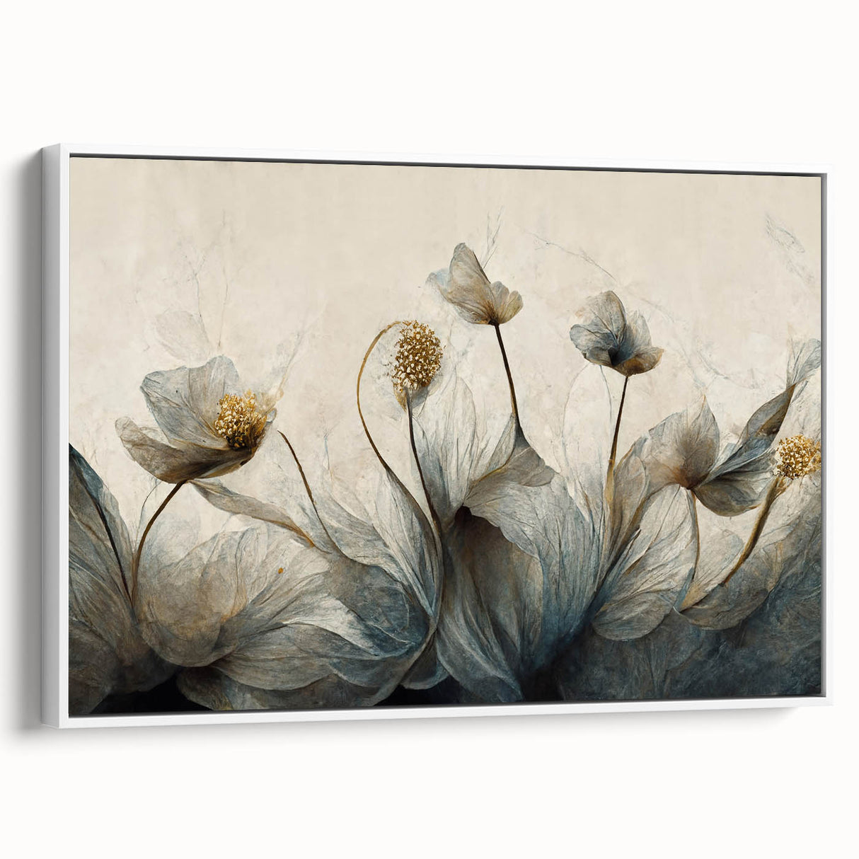 Framed abstract floral wall art in a modern white frame, showcasing vibrant colors and intricate patterns, perfect for enhancing contemporary home decor.