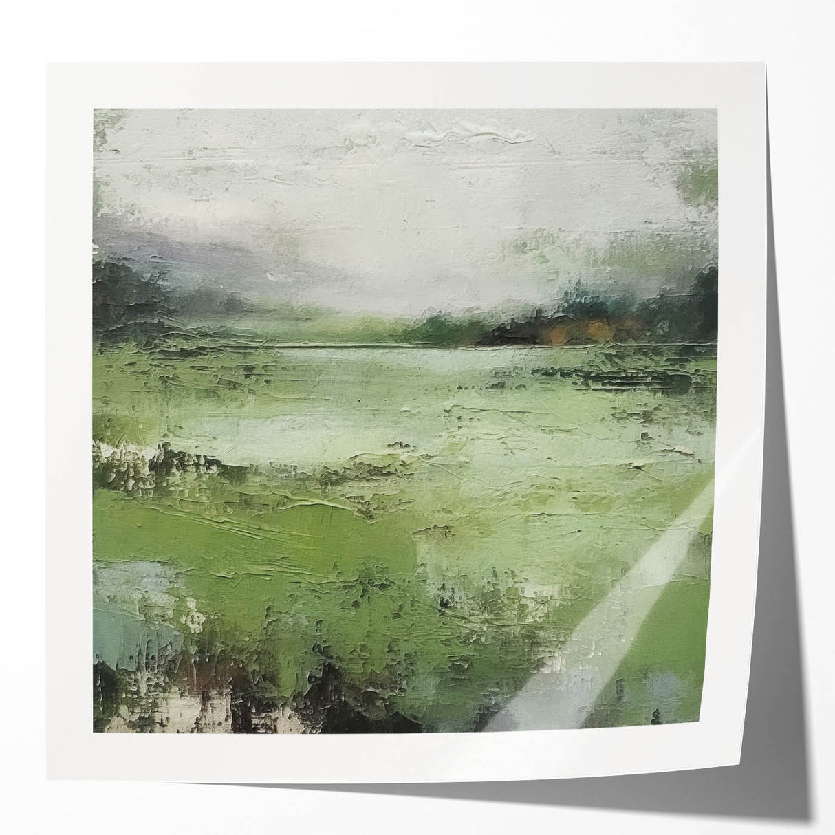 Abstract landscape wall art print showcasing vibrant colors and bold brush strokes, set against a minimalist backdrop, perfect for modern home decor. This glossy piece adds a contemporary touch to any living space while enhancing visual interest.