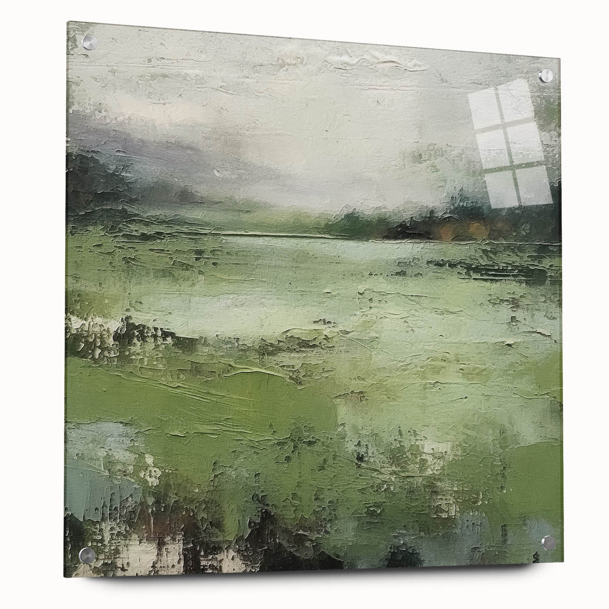 Abstract landscape wall art print displayed in a side view, showcasing vibrant colors and intricate details, mounted with decorative pins on a sleek surface, perfect for modern home decor.