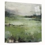 Abstract landscape wall art featuring vibrant colors and fluid shapes, displayed in an acrylic glass frame from a side view, showcasing its modern design.
