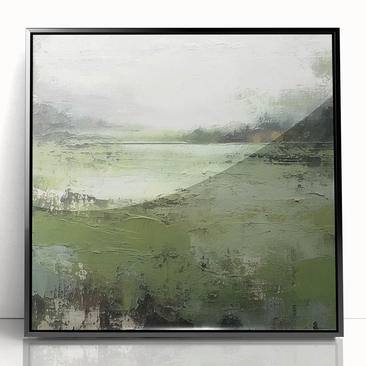 Framed abstract landscape wall art in black acrylic, showcasing vibrant colors and fluid shapes, perfect for modern home decor, highlighting artistic elegance.
