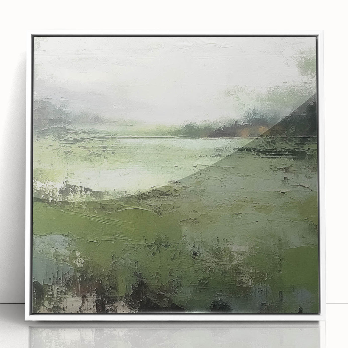 Framed abstract landscape wall art featuring soothing blue and green hues, presented in a sleek white frame, perfect for modern home decor.