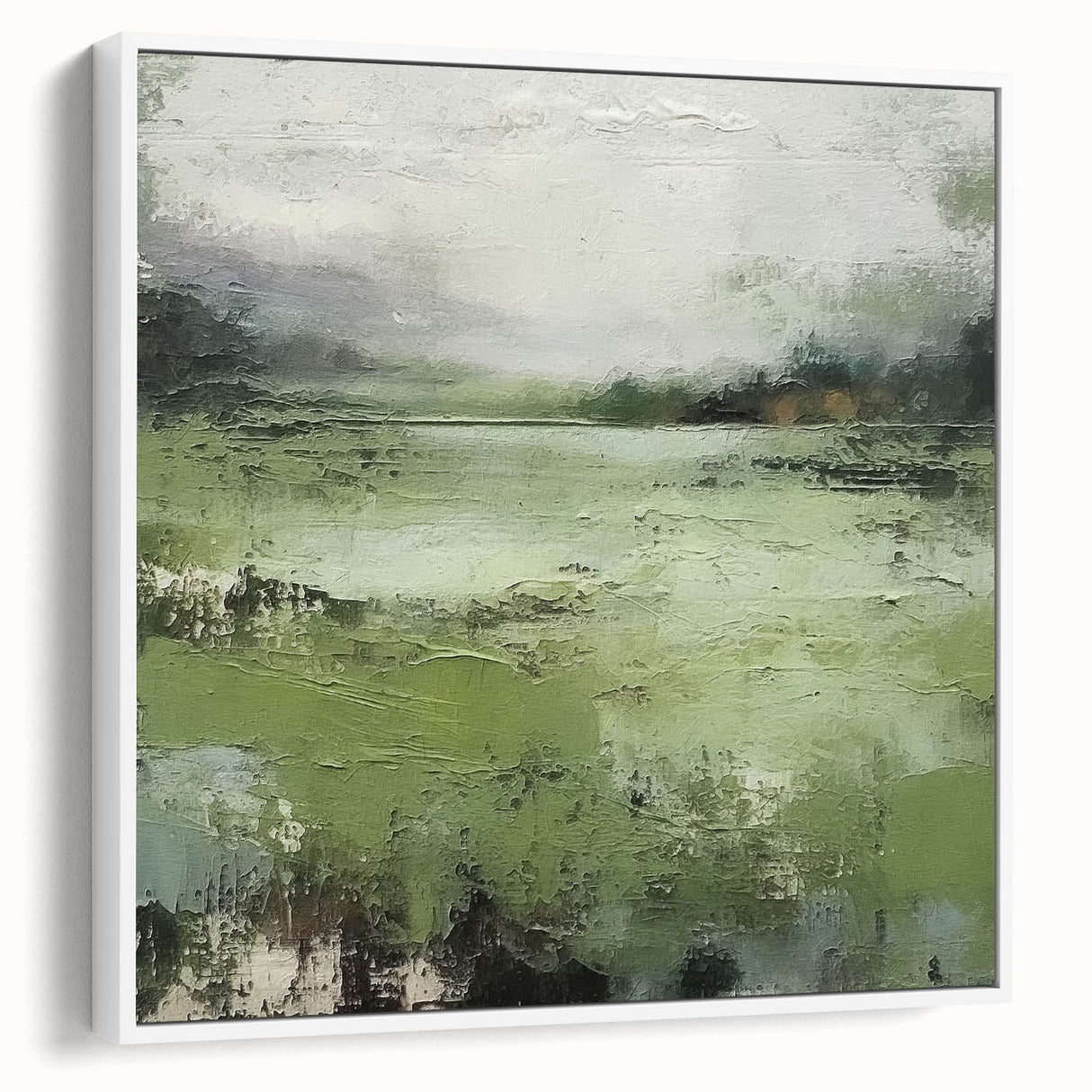 Framed canvas wall art showcasing a vibrant abstract landscape design with hues of blue and green, set against a sleek white frame, perfect for modern decor.