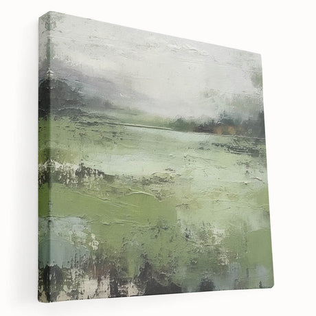 Abstract landscape wall art on a stretched canvas, showcasing vibrant colors and fluid shapes, ideal for modern home decor, displayed from a side view.