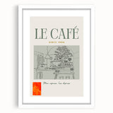 Abstract art print featuring swirling patterns in muted orange and blue, framed with white mat, ideal for dining room decor.