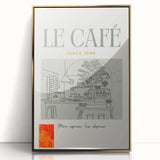 Large art print of a mid-century modernist food and drink motif in gold and white, acrylic framed.
