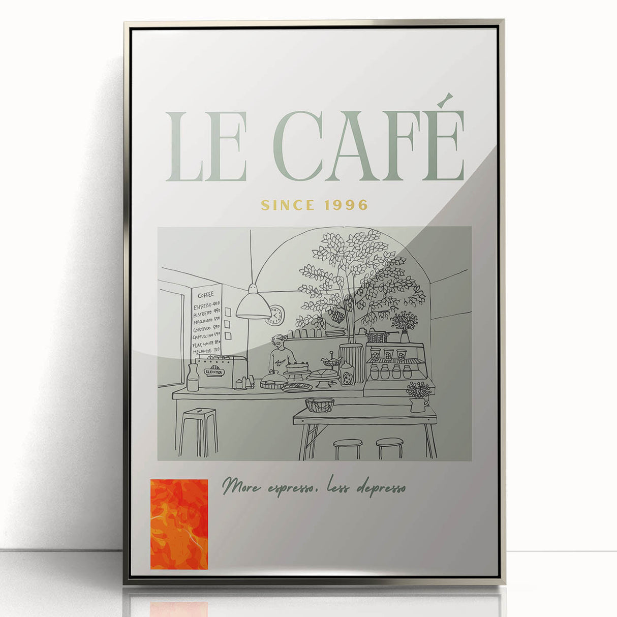 Mid-century modernist art deco poster featuring a stylized food and drinks motif in muted colors on a framed acrylic panel.