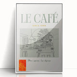 Art deco poster of assorted beverages in bold black lines on a white acrylic framed panel, suited for modern kitchen decor.