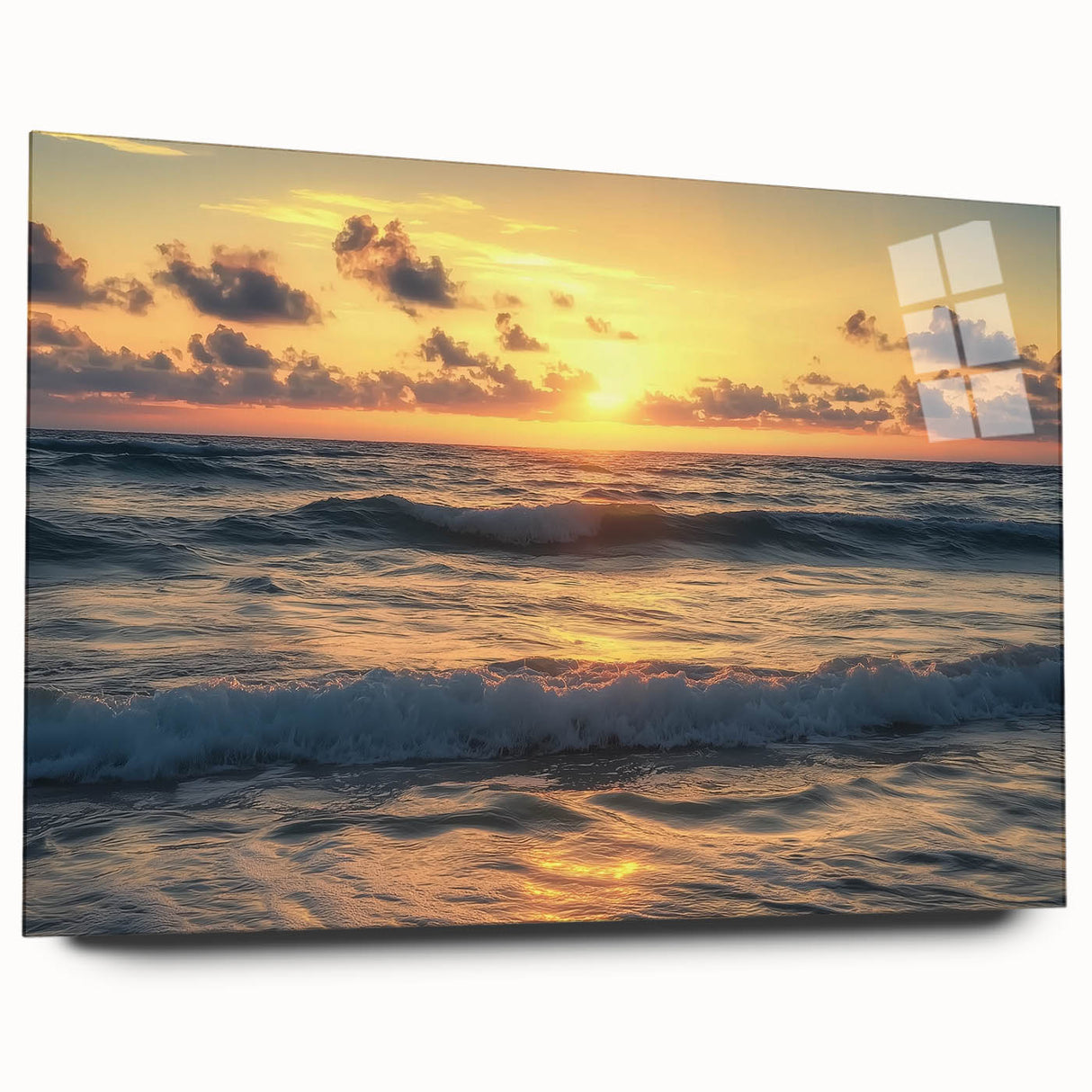 Acrylic glass artwork showcasing a serene beach landscape, highlighting vibrant colors and detailed textures, displayed from a side view without pins, ideal for home decor.