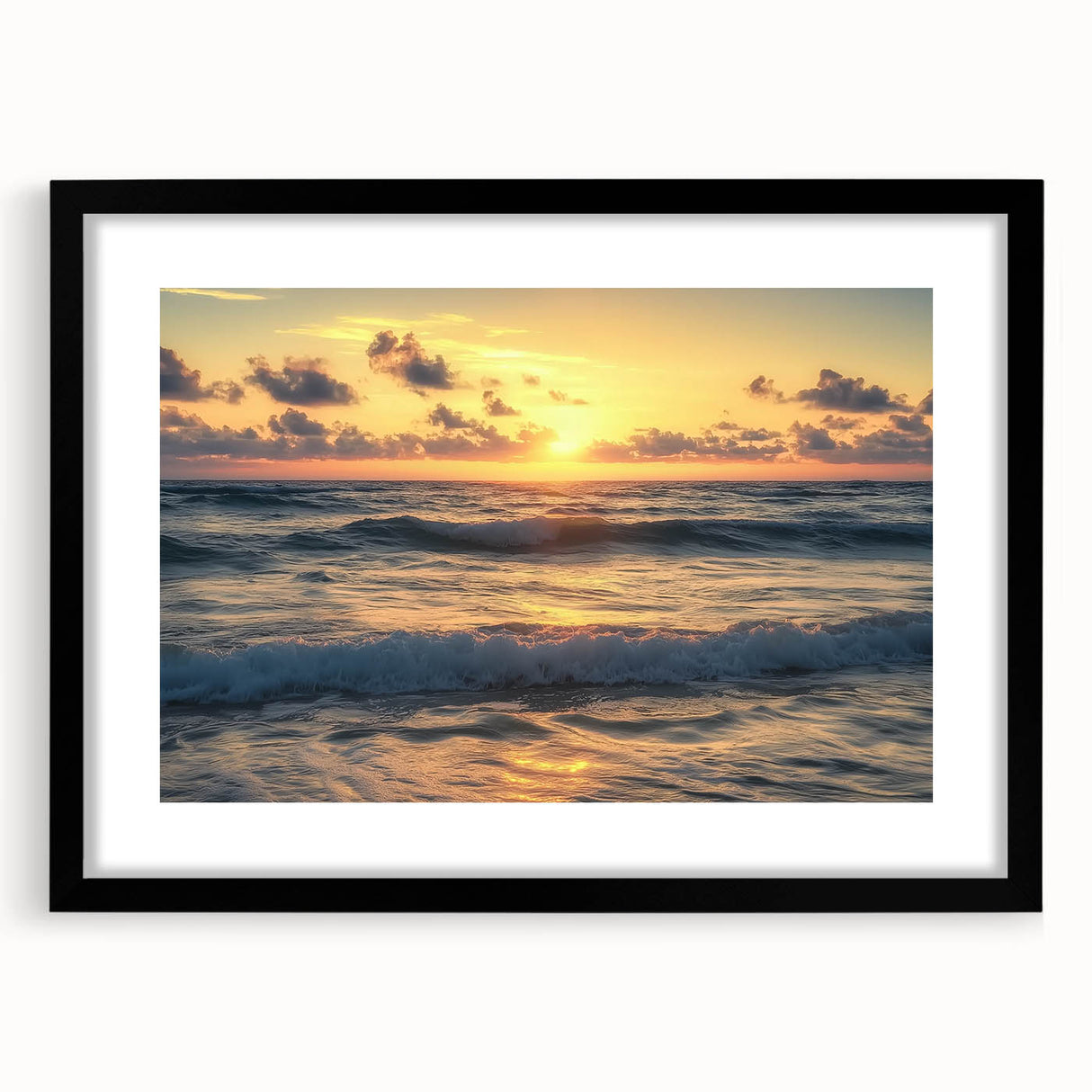 Black-framed landscape artwork showcasing a serene beach scene with gentle waves and soft sand, enhanced by a white mat for an elegant presentation. Perfect for coastal decor.