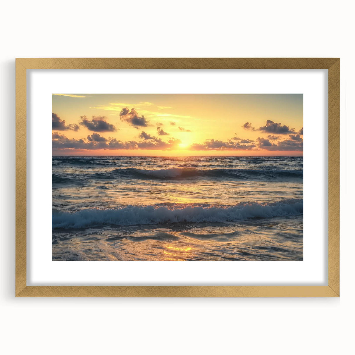 Framed landscape artwork showcasing a serene beach scene, featuring a gold mat and elegant frame. Perfect for coastal-themed decor and enhancing living spaces.